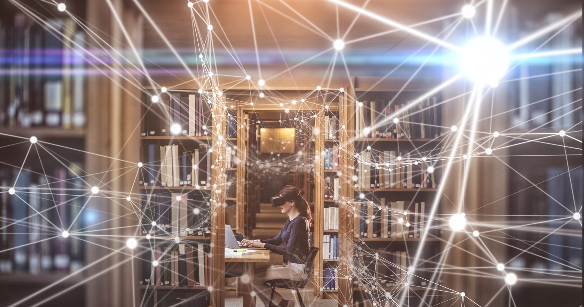 A woman wearing a VR headset works in a library, overlaid with a glowing web of connected lines